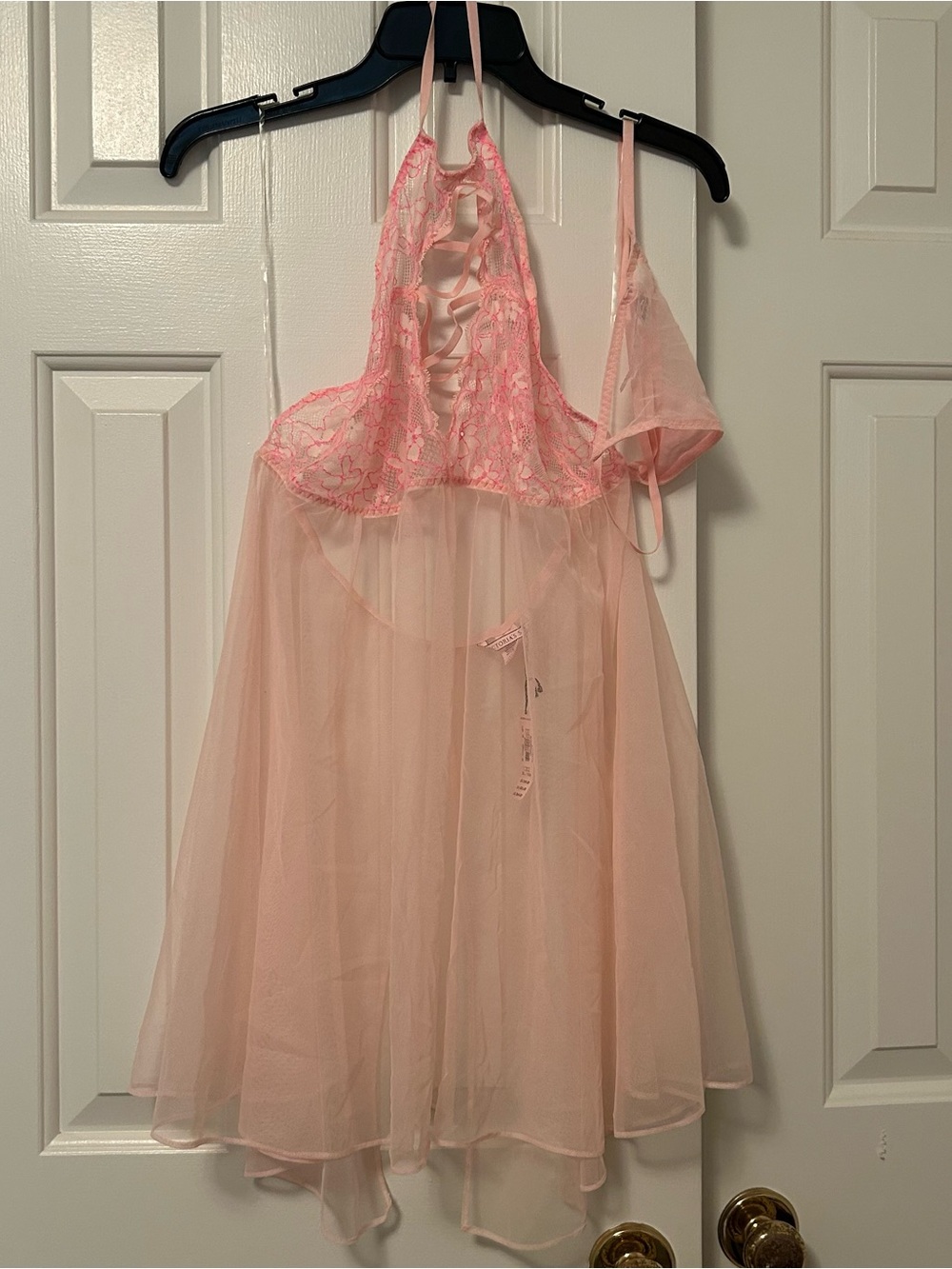 Victoria's Secret Size XL Pink Floral Lace Mesh Ruffle Halter Babydoll Set NWT
